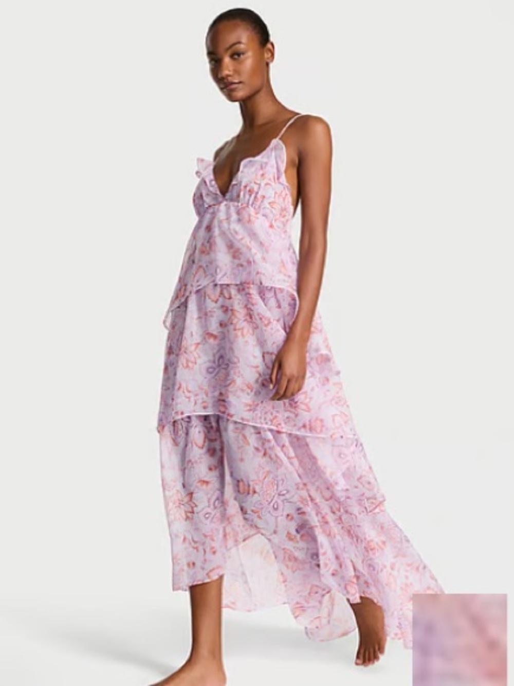 Victoria's Secret Delicate Violet Floral Chiffon Ruffled Maxi Dress